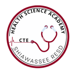 Stethoscope surrounded by the words Health Science Academy, CTE, and Shiawassee RESD