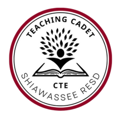 A book opens to show the learning tree, surrounded by the words Teaching Cadet, CTE, and Shiawassee RESD