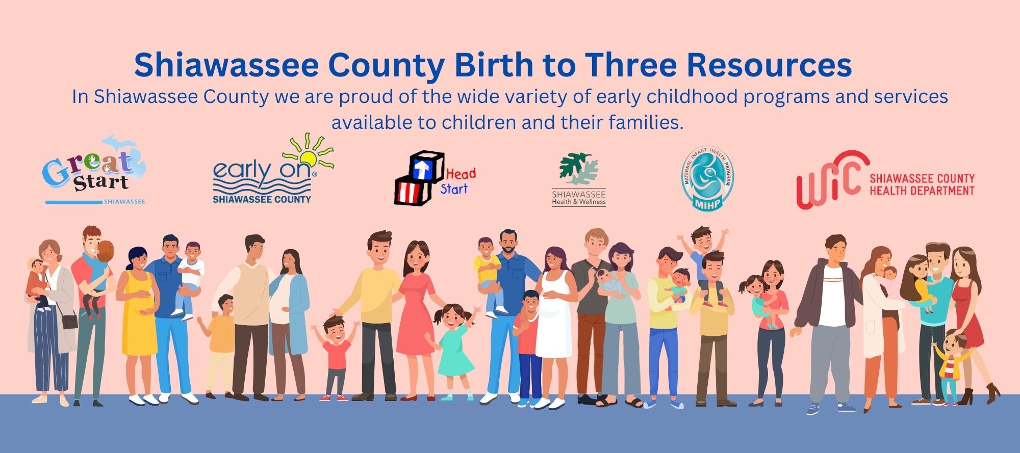Shiawassee County Birth to Three Resources header includes partner graphics and graphic images of families.